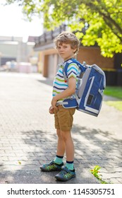 Little Kid Boy With School Satchel On First Day To School