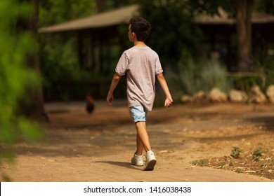 Little kid boy walking alone in the forest. The path to life. Bullying in school concept. Fright and fright. Back view