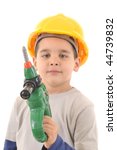 Little kid as a construction worker wearing yellow helmet holding drill like a gun.White background vertical studio picture.