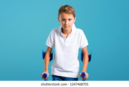 Little Kid With Crutches On Color Baackground