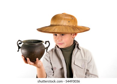 Little Kid Explorer Examining Bronze Age Pot