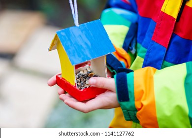 Little Kid Feeding Birds In Winter. Child Hanging Colorful Selfmade Bird House On Tree On Frosty Cold Day. Toddler In Colorful Wam Clothes. Selective Focus On Hands And Feeder With Seeds