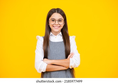 Little Kid Girl 12,13, 14 Years Old On Isolated Background. Children Studio Portrait. Emotional Kids Face.