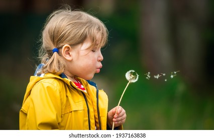 Little Kid Girl Blowing On Dandelion. Future Generation. Windmills. Renewable Energies And Sustainable Resources - Wind Mills. Child Playing And Discovering Green Energy. Wind Turbine. Environment