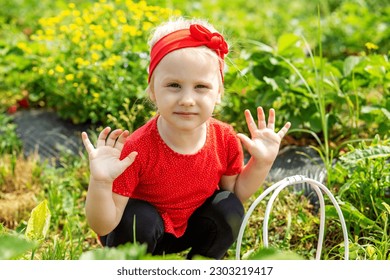 Little kid girl picking strawberry on self-picking farm. Harvesting concept. Red clothes. Tasty berries. Pick-Your-Own farm - Powered by Shutterstock