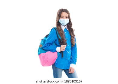 Little Kid In Protective Medical Mask Continue School Education During COVID-19 Pandemic, Back To School.