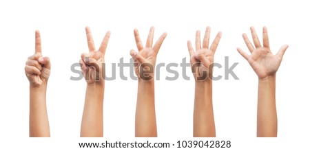 Little kid showing one to five fingers count signs isolated on white background with Clipping path included. Communication gestures concept