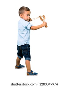 Little Kid With Slingshot On Isolated White Background