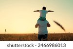 Little kid superhero imagines soaring through sky at sunset. Loving father runs with playful son on shoulders through wheat field. Happy child daydreams about pilot gliding in golden glow of sunset