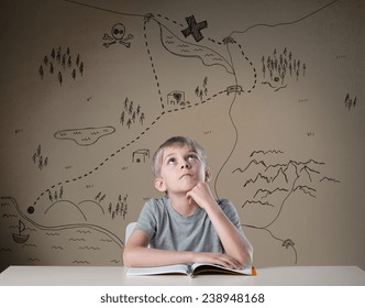 Little Kid Thinking About Treasure Map From His Adventure Book