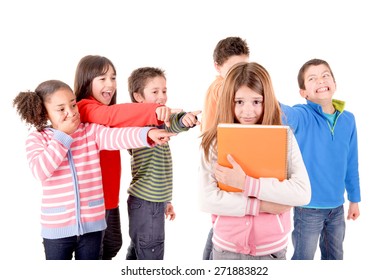 Little Kids Bullying Another Kid Isolated In White