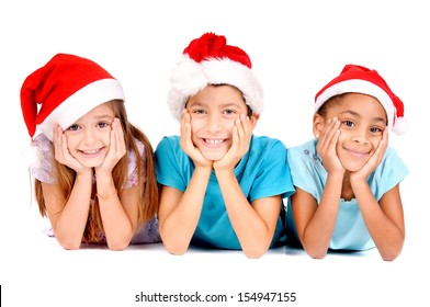 Little Kids With Christmas Hats Isolated In White