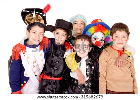 little kids in costumes on halloween isolated in white