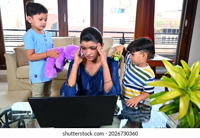 Little Kids Disturbing Mother Working Home Stock Photo 2026730360 ...