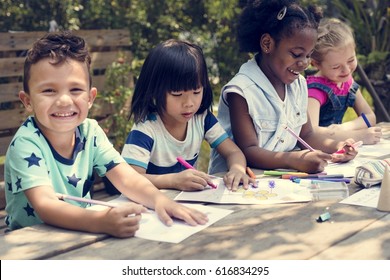 Little Kids Drawing Painting Art Together - Powered by Shutterstock