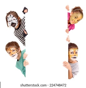 Little Kids With Face Painted As A Tiger Isolated In White