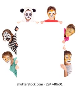 Little Kids With Face Painted As A Tiger Isolated In White