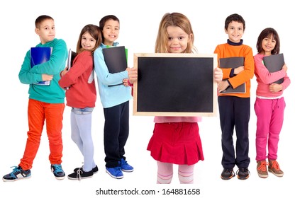 Little Kids Holding School Books Isolated In White