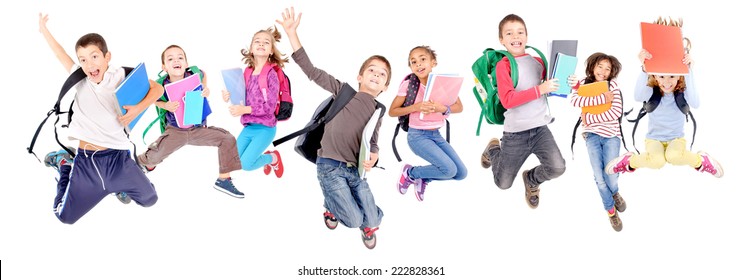 little kids jumping at school isolated in white