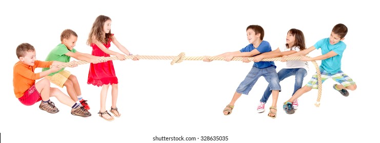 Little Kids Playing The Rope Game Isolated In White