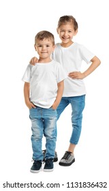 Little Kids In T-shirts On White Background. Mockup For Design