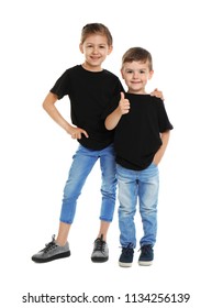 Little Kids In T-shirts On White Background. Mockup For Design