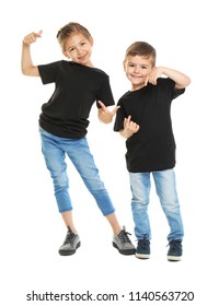 Little Kids In T-shirts On White Background. Mockup For Design