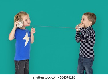 Little Kids Using String Phone Adorable Cute