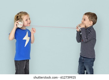 Little Kids Using String Phone Adorable Cute