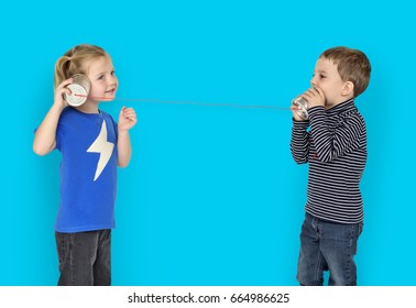 Little Kids Using String Phone Adorable Cute