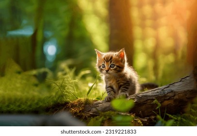 A little kitten in the wild. Cute kitty in forest. Portrait of cute kitten. Kitten in nature scene