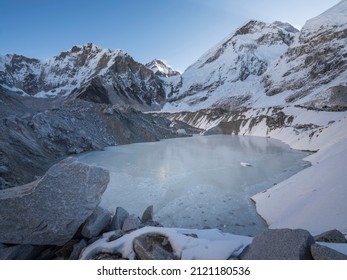 Little Lake From Melted Glacier Khumbu Under Everest In Nepal