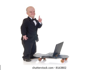 Little man, dwarf businessman high speed surfing on the net, metaphor with skateboard, studio shot.
