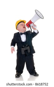 Little Man, Dwarf Construction Supervisor With Megaphone, Giving Orders, Studio Shot, White Background