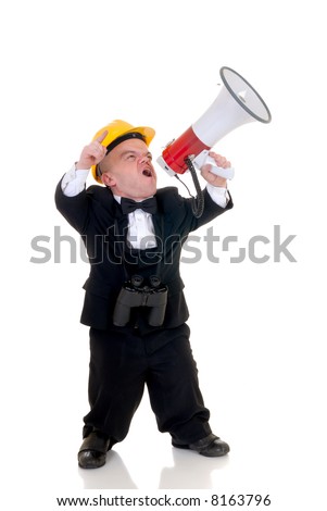 Little man, dwarf construction supervisor with megaphone, giving orders, studio shot, white background