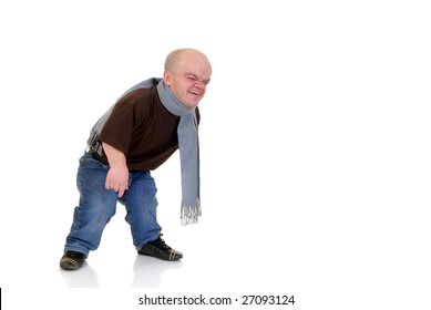 Little Man, Dwarf In Leisure Clothing, Studio Shot, White Background, Copy Space