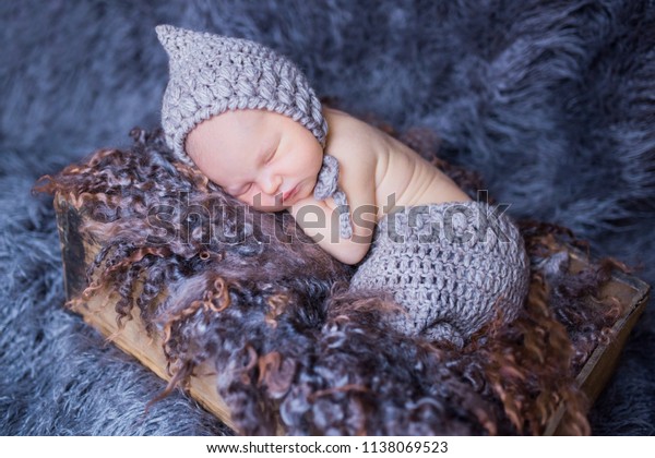 Little Newborn Baby Knitted Clothes Sleeps Stock Photo Edit