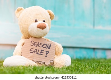 Little old teddy bear sitting on the grass in the garden and holding a piece of cardboard with the information - Season Sale !