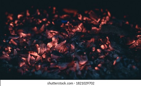 Little pieces of burning ember after the fire. Glowing incandescent embers texture. close up.