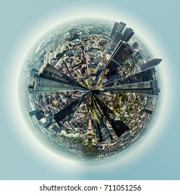 Little Planet 360 Degree Sphere Birds Eye View. Panoramic View Of Frankfurt Am Main City, Germany