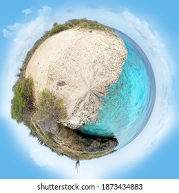 Little planet panorama on white sandy beach in paradise sea near Washington Slagbaai National Park in Bonaire