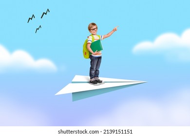 Little preteen boy aviator stand on paper airplane in blue sky illustration picture painting fantasy flight children back to school kindergarten concept