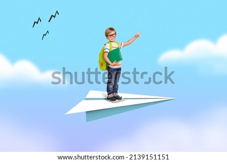 Little preteen boy aviator stand on paper airplane in blue sky illustration picture painting fantasy flight children back to school kindergarten concept