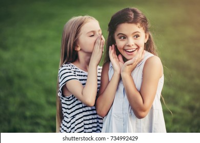 Little pretty girls having fun outdoor. Two cute girls are standing on green grass and telling a secret. Best friends.