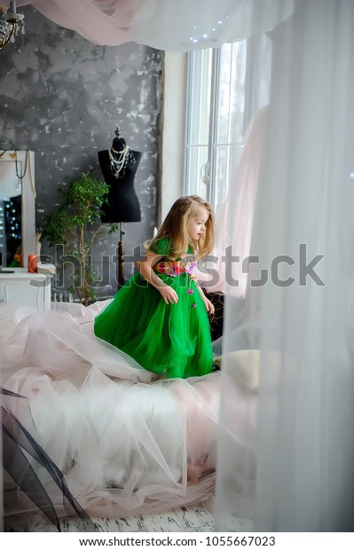 Little Princes Playinglittle Girl Green Dress Stock Photo