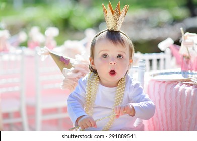 Little Princess Baby Girl Celebrate Her Birthday Party Outdoor