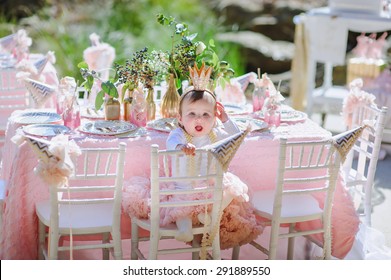 Little Princess Baby Girl Celebrate Her Birthday Party Outdoor