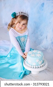 Little Princess Girl On A Styled Frozen Birthday Party With Snowflakes Cakes