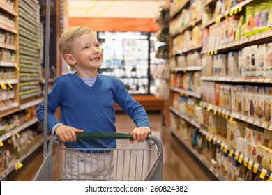 Little And Proud Boy Helping With Grocery Shopping, Healthy Lifestyle Concept