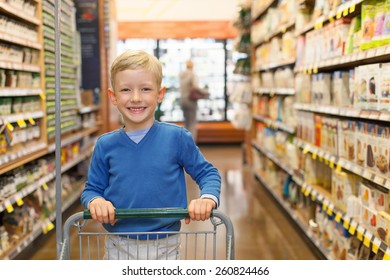 Little And Proud Boy Helping With Grocery Shopping, Healthy Lifestyle Concept